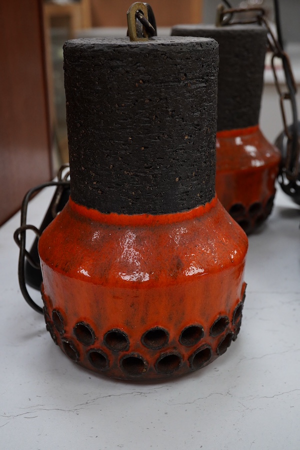 A set of three 1970s Danish pottery brown and orange glazed pendant lights and two other larger similar pottery lights, 19cm high (5). Condition - good